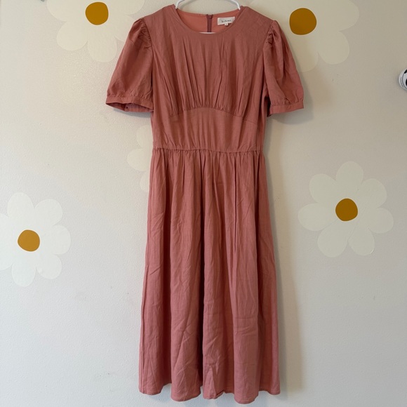 Bohme Linen Blend Cyrus Midi Dress in Pink with Puff Short Sleeves - Picture 7 of 14